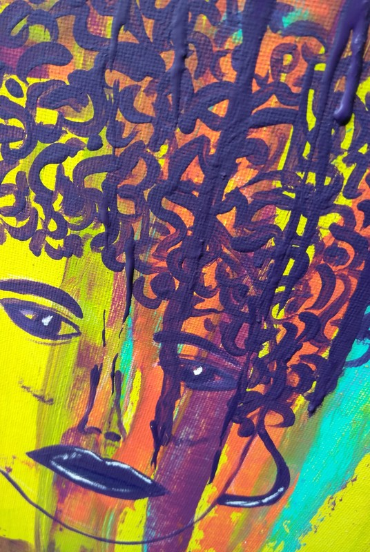 Painting of curly haired girl multi-colored background